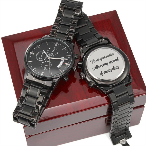 Personalized Black Chronograph Watch with Engraved Message – Sleek Stainless Steel Design