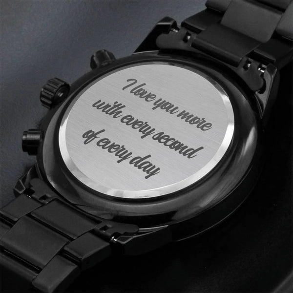 Personalized Black Chronograph Watch with Engraved Message – Sleek Stainless Steel Design