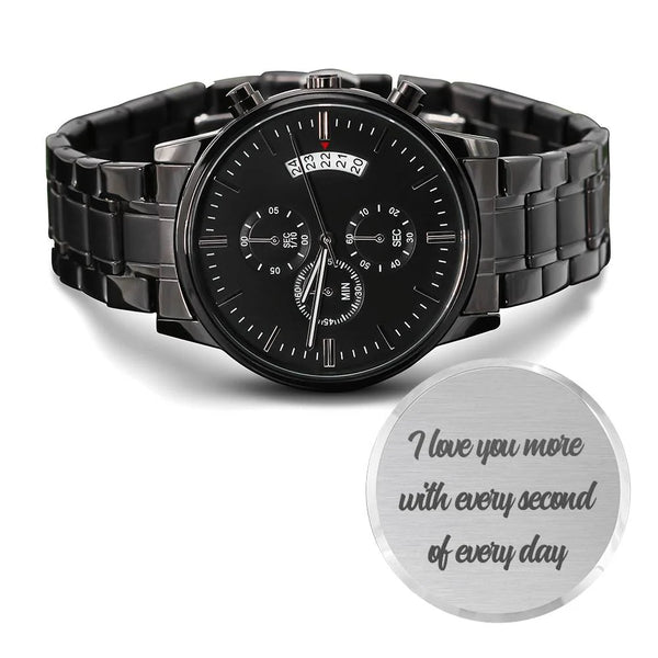 Personalized Black Chronograph Watch with Engraved Message – Sleek Stainless Steel Design