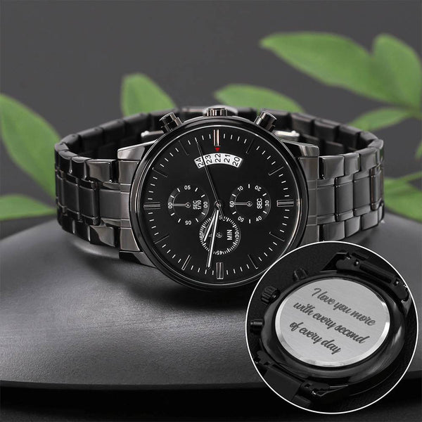 Personalized Black Chronograph Watch with Engraved Message – Sleek Stainless Steel Design