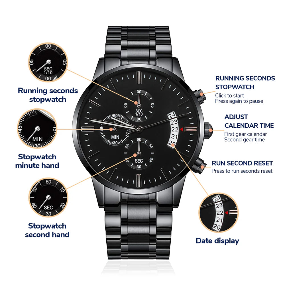 Personalized Black Chronograph Watch with Engraved Message – Sleek Stainless Steel Design