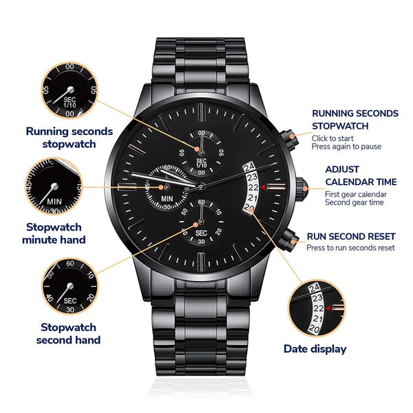 Personalized Black Chronograph Watch with Engraved Message – Sleek Stainless Steel Design