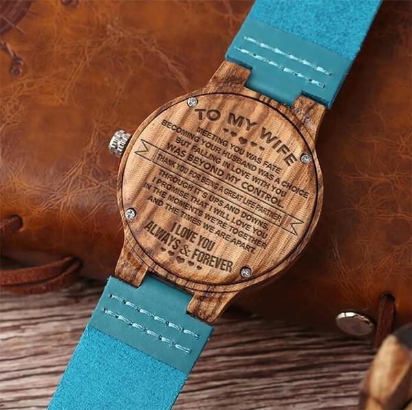 TO MY WIFE - GREAT LIFE PARTNER - SKY BLUE LEATHER WOOD WATCH