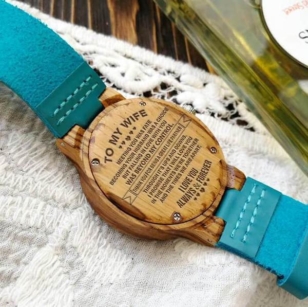 TO MY WIFE - GREAT LIFE PARTNER - SKY BLUE LEATHER WOOD WATCH