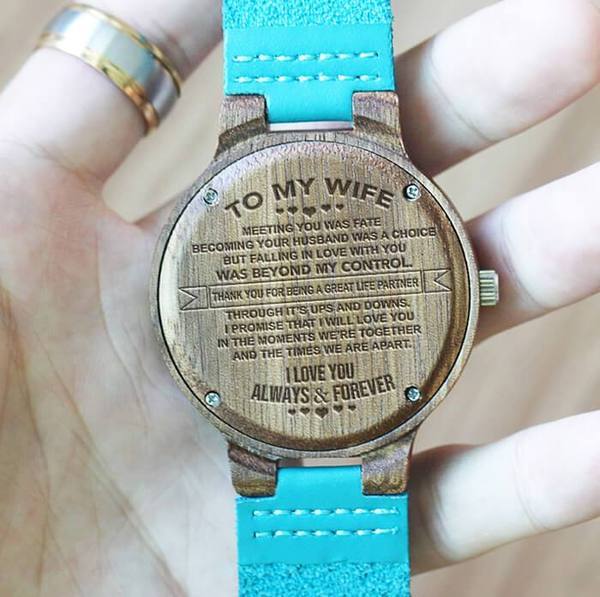 TO MY WIFE - GREAT LIFE PARTNER - SKY BLUE LEATHER WOOD WATCH